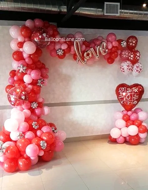 Celebrate Love on Valentine's Day in New York City with Love Letter Balloons and a Personalized Red Balloon, Surrounded by Pink, White, Red, Clear, and Confetti Balloons
