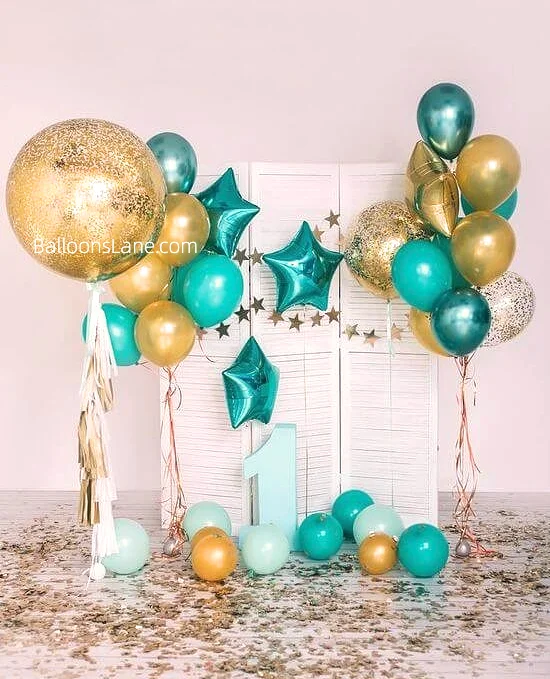Baby's 1st birthday balloons in teal latex, blue and gold mylar balloons