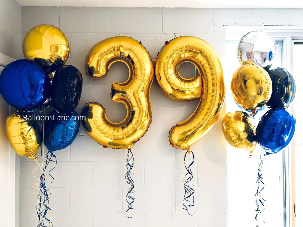 Gold 39 Number Balloon with gold, silver, and blue balloon bouquet to celebrate 30th birthday in NJ