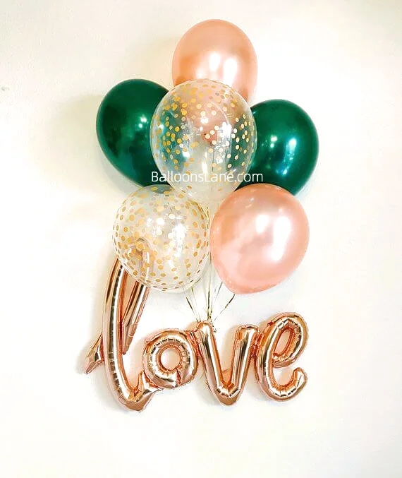 Love letter balloons with green, pink, and confetti balloon bouquets in New Jersey