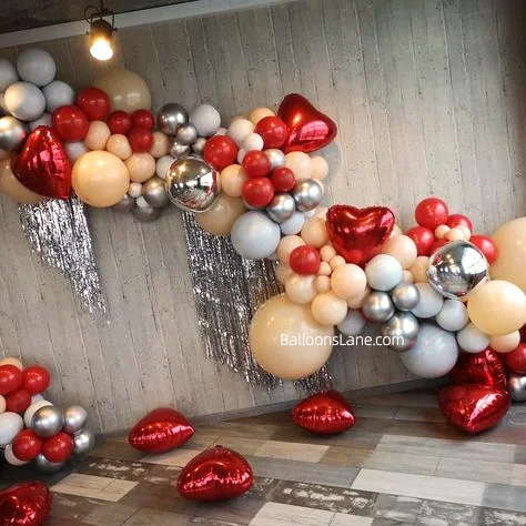 Celebrate Love on Valentine's Day with Silver, Mauve, and Red Heart-Shaped Balloons in New Jersey