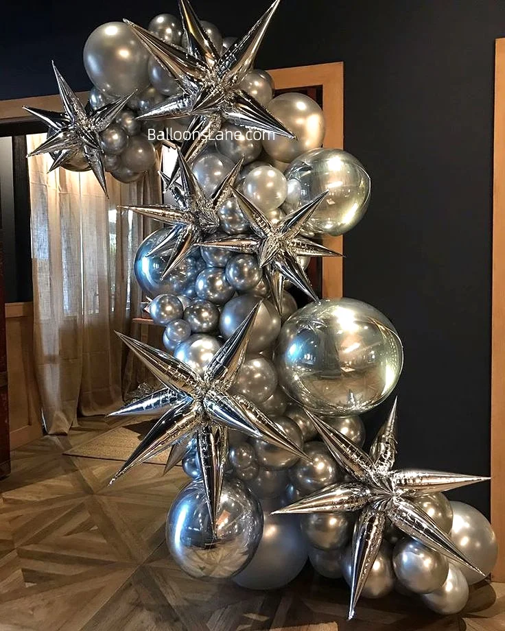 Shine Bright with Chrome Silver Mylar Star Balloons, Large Silver Latex Balloons, and Small Silver Balloons for Movie Night, Bonfire, and New Year Celebrations