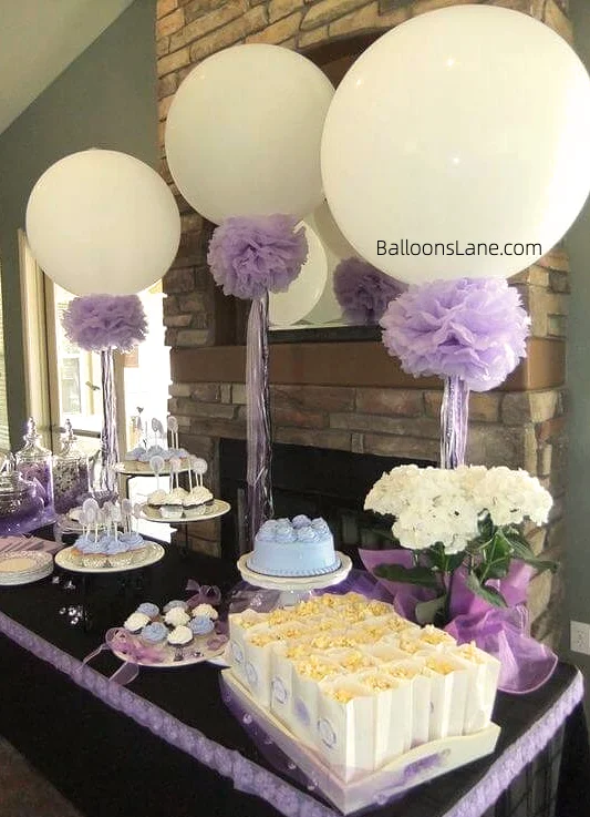 Big round lavender balloons stand by Balloons Lane to celebrate birthday, bridal shower in New Jersey