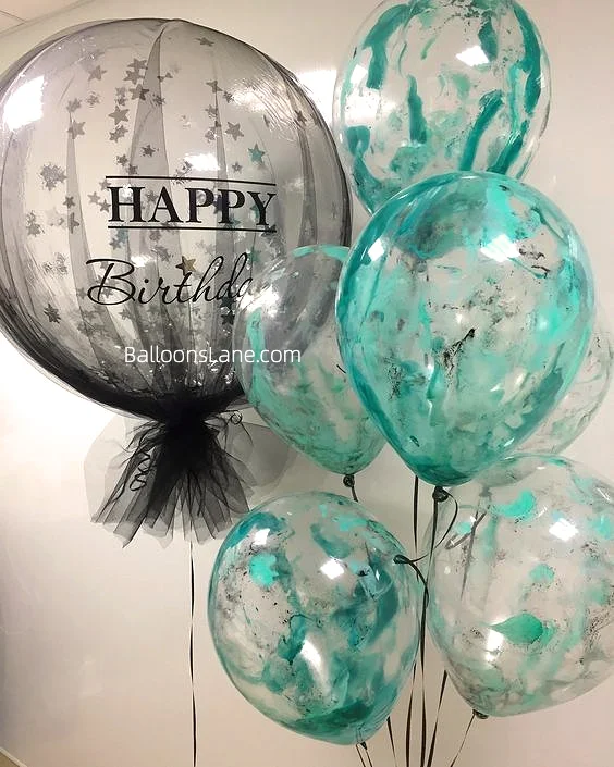 Customized birthday balloon textured wrapped in same color net arranged in bouquet in NYC