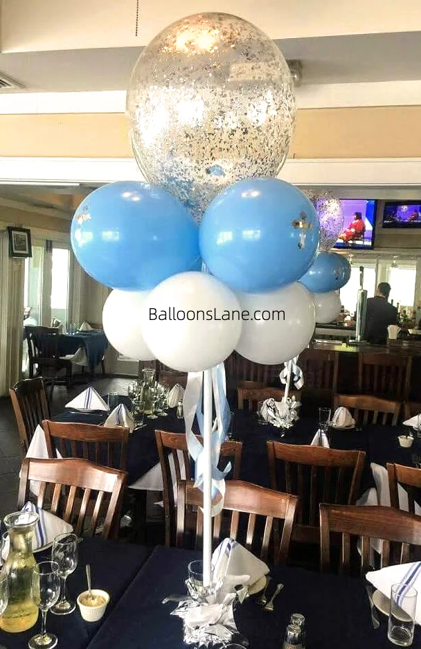 Communion balloon centerpieces featuring light blue, white, and silver confetti balloons in NJ.