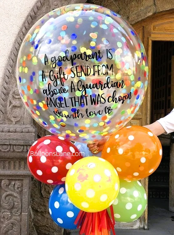 A festive arrangement of multi-color confetti customized balloons along with red, yellow, blue, and green polka dot balloons, perfect for celebrating a birthday party in NYC.