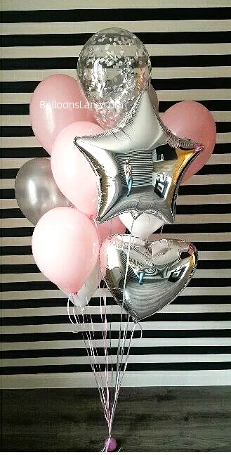 Cute Valentine's Day Balloon Bouquet with Pink, Silver Confetti, and Foil Balloons in NYC