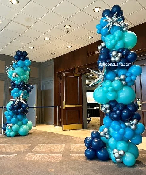 Star Mylar Balloons & Column of Sapphire Blue, Pale Blue, and Chrome Silver Latex Balloons for NYC Celebrations
