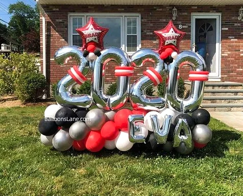 Customized Graduation Celebration with 2020 Silver Mylar Balloon, Red Stars, Silver, Black, and Red Latex Balloons, and Silver Letter Balloons.