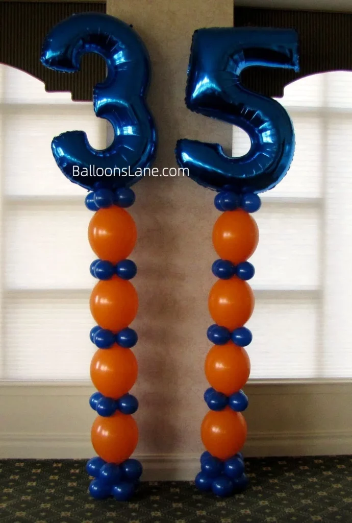 "35" Blue Number Balloon with Blue and Orange Balloon Column