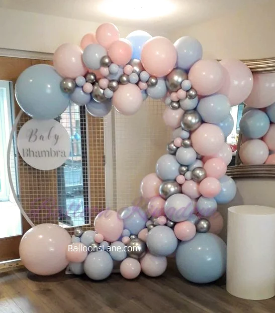 Pale blue and blush balloons with silver latex balloons in NYC for birthday, baby shower, and gender reveal celebrations in NJ.