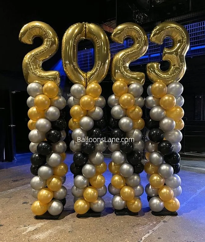 2023 Gold Mylar Number and Elegant Latex Balloon Column in Gold, Black, and Grey – Perfect for Graduation, New Year, and Annual Day Celebrations in Brooklyn.