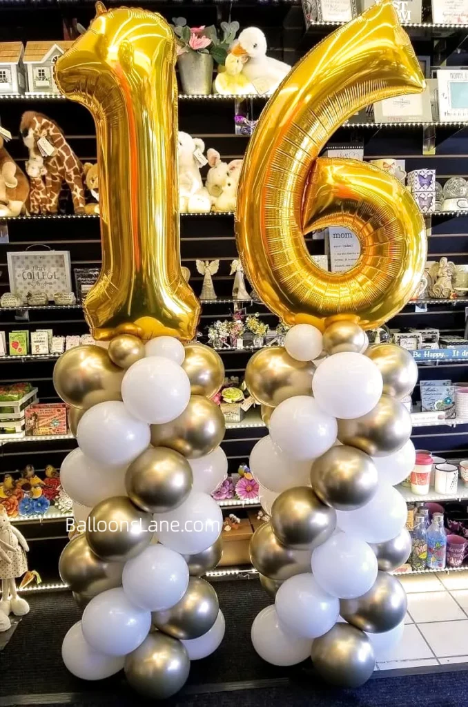 Gold Number Balloon with chrome and white balloon column to celebrate sweet 16 and sixteenth anniversary in Brooklyn