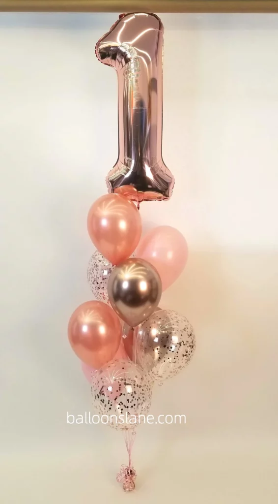 Rose gold number 1 balloon with rose gold balloon and confetti balloon bouquet in NJ