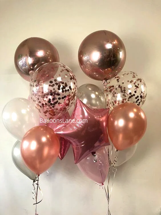 Latex, Mylar, and Confetti Balloons by Balloons Lane in Brooklyn with Rose Gold and Pink Accents
