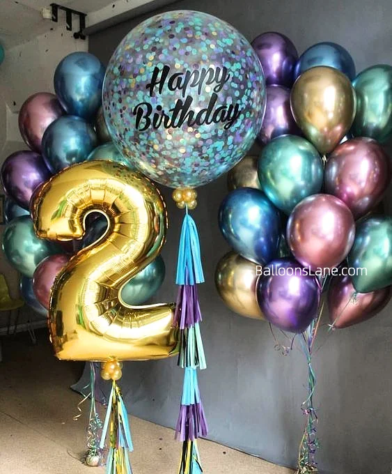 Colorful Chrome Balloon Bouquet with Gold Number 2 and Confetti for Celebrating in NJ