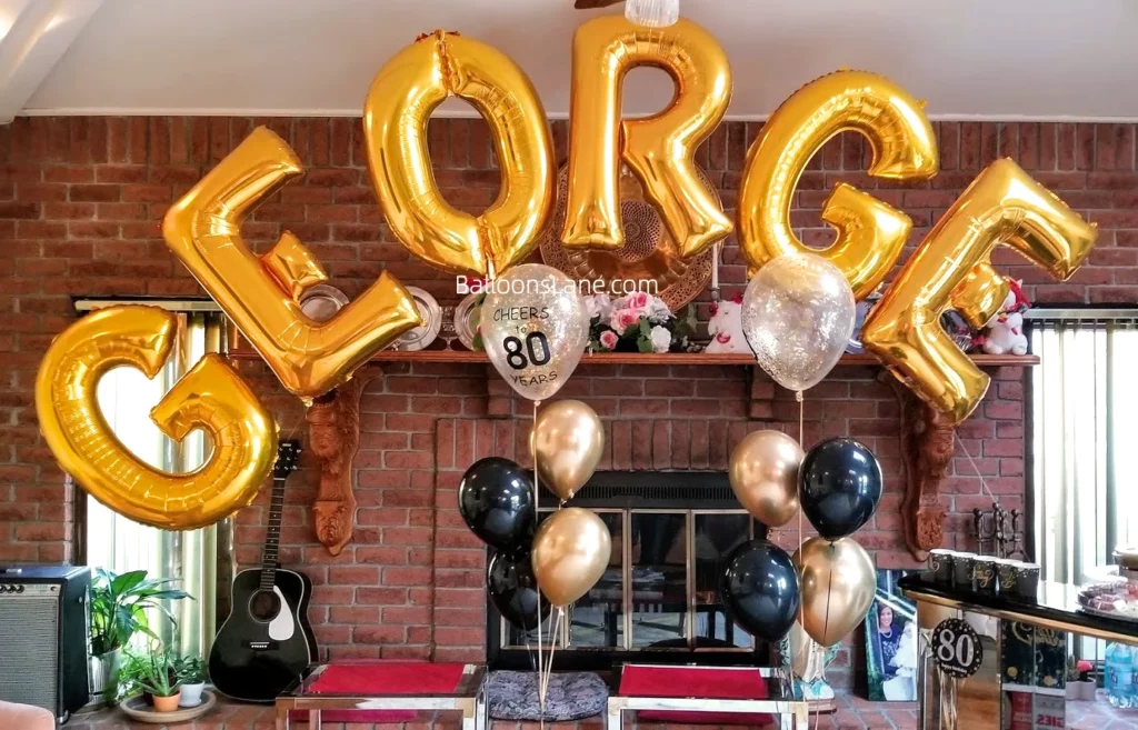 "Name" Balloon Arch with Gold Confetti and Black Balloon Bouquet in Brooklyn