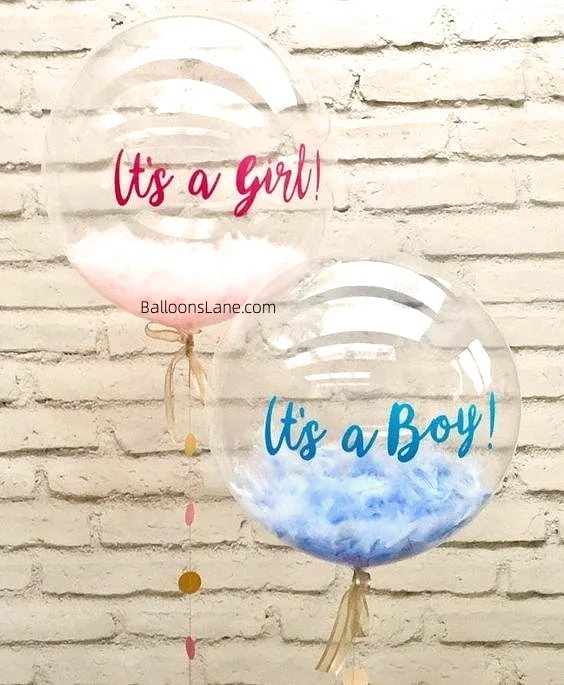 Customized "It's a Girl" and "It's a Boy" balloons with feather balloons in Brooklyn to celebrate gender reveal