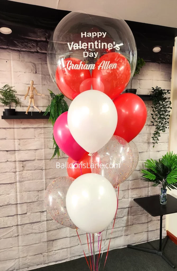 Happy Valentine's Day Bubble Balloon with Red, White, and Confetti Balloons Bouquet in NJ