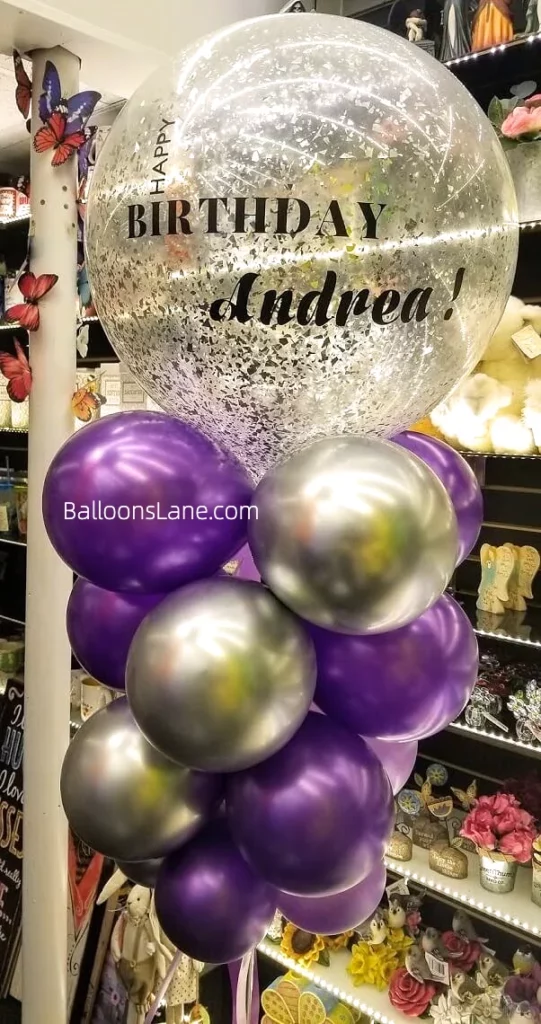 Confetti Balloon with Silver and Purple Balloon Stand for Celebrating Birthday in Manhattan