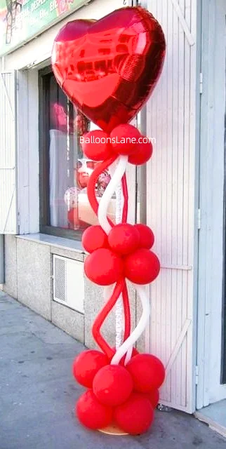 Valentine's Day Balloon Column with Red Heart Balloon, White and Red Twisted Balloon, and Red Latex Balloon in Brooklyn